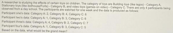 A researcher is studying the effects of certain toys on children. The category of toys are Building toys (like legos) - Category A,
Stationary toys (like dollihouse/Forts) - Category B, and video toys (games on video) - Category C. There are only 4 participants being
observed from a day school. The participants are watched for one week and the data is produced as follows:
Participant one's data: Category A: 2, Category B: 4, Category C: 6
Participant two's data: Category A: 1, Category B: 3, Category C: 6
Participant three's data: Category A: 4, Category B: 2, Category C: 7
Partcipant four's data: Category A: 1, Category B: 3, Category C: 5
Based on the data, what would be the grand mean?
