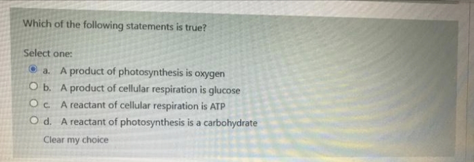 Which of the following statements is true?
Select one:
O a. A product of photosynthesis is oxygen
O b. A product of cellular respiration is glucose
OC A reactant of cellular respiration is ATP
O d. A reactant of photosynthesis is a carbohydrate
Clear my choice

