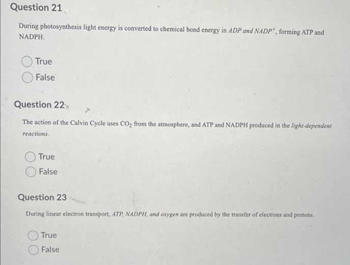 Question 21.
During photosynthesis light energy is converted to chemical bond energy in ADP and NADP*, forming ATP and
NADPH.
True
False
Question 22
The action of the Calvin Cycle uses CO, from the atmosphere, and ATP and NADPH produced in the light-dependent
reactions.
True
False
Question 23
During linear electron transport, ATP, NADPH, and oxygen are produced by the transfer of electrons and protons.
True
False
