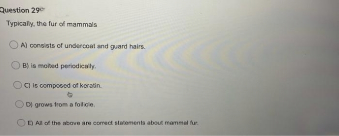 Question 29
Typically, the fur of mammals
A) consists of undercoat and guard hairs.
B) is molted periodically.
C) is composed of keratin.
D) grows from a follicle.
E) All of the above are correct statements about mammal fur.
