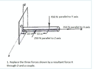 450 N parallel to Y axis
350 N parallel to X axis
10 nt 10 m'
250 N parallel to Z axis
1. Replace the three forces shown by a resultant force R
through O and a couple.
