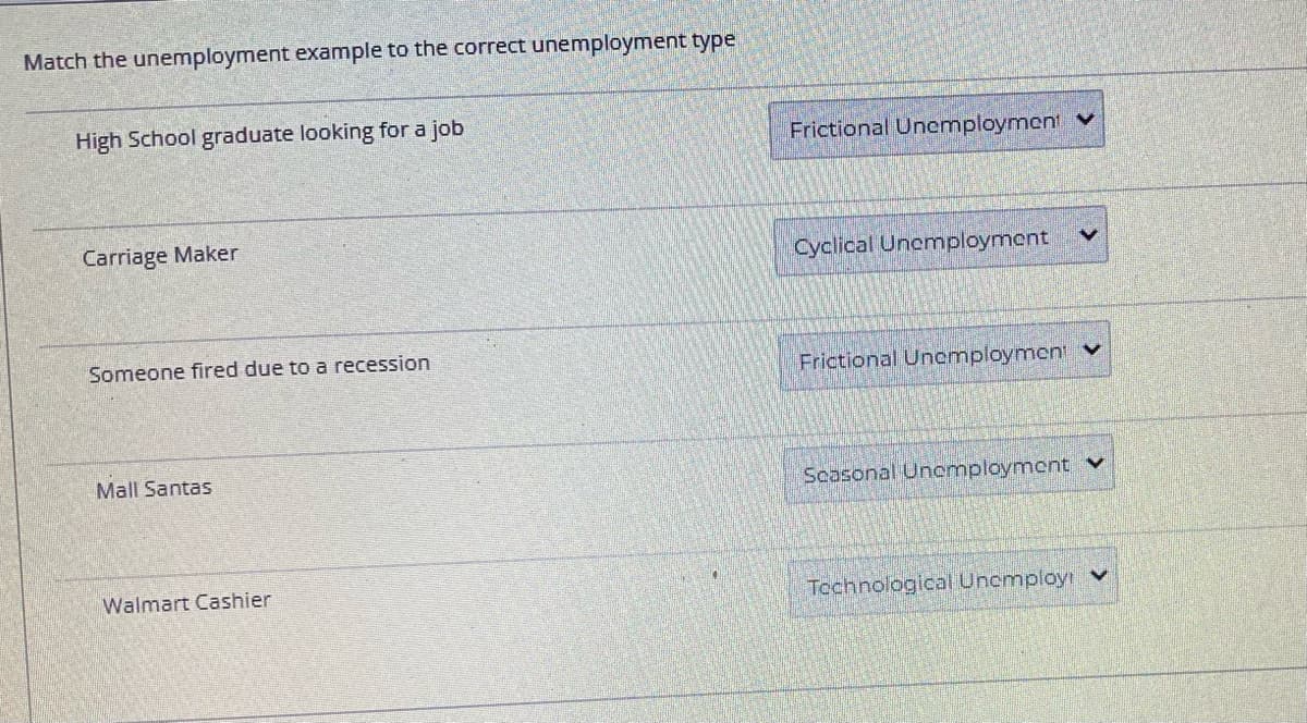 Match the unemployment example to the correct unemployment type
High School graduate looking for a job
Frictional Uncmployment v
Carriage Maker
Cyclical Unemployment
Someone fired due to a recession
Frictional Unemploymen v
Mall Santas
Scasonal Unemployment v
Walmart Cashier
Technological Uncmploy v
