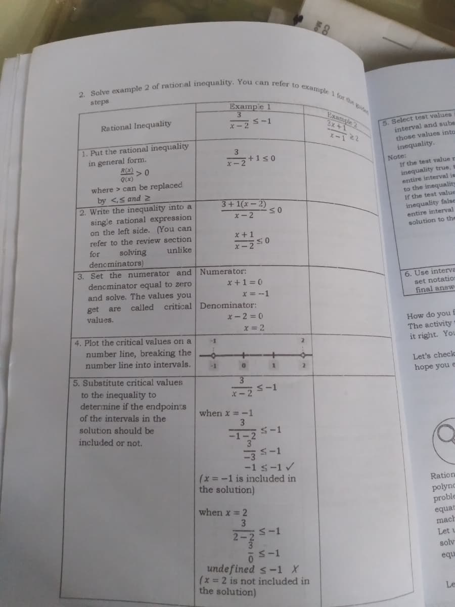 2. Solve example 2 of rational inequality. You can refer to example 1 for the guide
steps
Example 1
Example 2
3x+1
Rational Inequality
x-25-1
5. Select test values
interval and subs
those values into
inequality.
1. Put the rational inequality
in general form.
R(X) > 0
x-2+1s0
Note:
If the test value r
inequality true,
Q(x)
where > can be replaced
by <,s and >
2. Write the inequality into a
single rational expression
on the left side. (You can
entire interval is
to the inequality
If the test value
inequality false
3+ 1(x – 2)
x - 2
entire interval
solution to the
x +1
refer to the review section
unlike
solving
dencminators)
3. Set the numerator and Numerator:
dencminator equal to zero
and solve. The values you
for
x +1 = 0
x = --1
called critical Denominator:
6. Use interva
set notation
final answ
get
values.
are
x-2 = 0
How do you f
x = 2
4. Plot the critical values on a
The activity
it right. You
number line, breaking the
number line into intervals.
+
-1
Let's check
5. Substitute critical values
hope you e
3.
S-1
to the inequality to
determine if the endpoints
x-2
of the intervals in the
when x = -1
solution should be
3
S-1
included or not.
-3S-1
-1 s-1v
(x = -1 is included in
the solution)
Ration
polyno
proble
when x = 2
3
equat
mach
Let u
S-1
S-1
solv
undefined s-1 X
(x = 2 is not included in
the solution)
equ
Le
