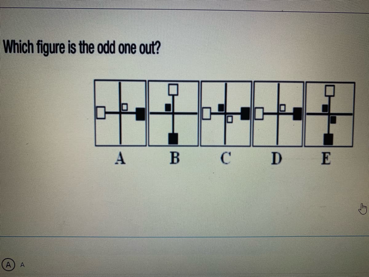 Which figure is the odd one out?
A
B C D E
hm
A
