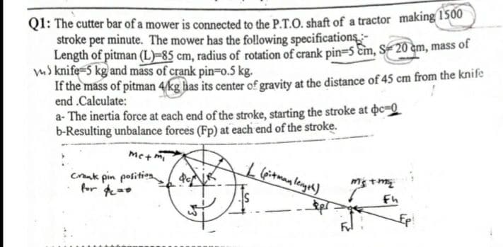 QI: The cutter bar of a mower is connected to the P.T.O. shaft of a tractor making 1500
stroke per minute. The mower has the following specifications-
Length of pitman (L)=85 cm, radius of rotation of crank pin=5 Ɛm, S= 20 èm, mass of
ms knife-5 kg and mass of crank pin=o.5 kg.
If the mass of pitman 4kg has its center of gravity at the distance of 45 cm from the knife
end .Calculate:
a- The inertia force at each end of the stroke, starting the stroke at oc=0
b-Resulting unbalance forces (Fp) at each end of the stroke.
Mct m.
L feitmanlengsh)
Crank pin positien
for ta0
Fh
Ep!
