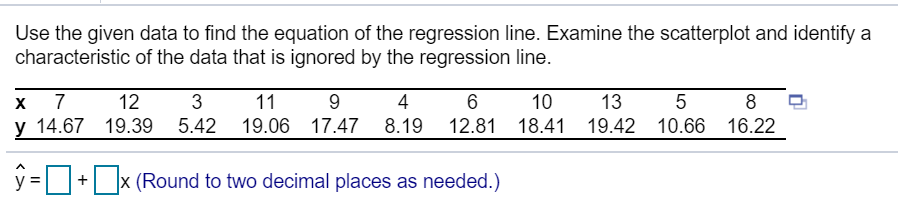 Use the given data to find the equation of the regression line. Examine the scatterplot and identify a
characteristic of the data that is ignored by the regression line.
12
3
11
19.06 17.47
х
4
10
13
8
y 14.67 19.39 5.42
8.19
10.66 16.22
12.81 18.41 19.42
y =+ x (Round to two decimal places as needed.)
