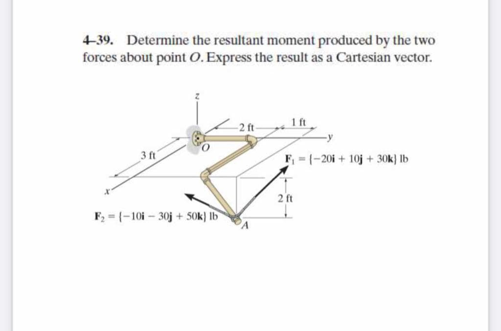 4-39. Determine the resultant moment produced by the two
forces about point 0.Express the result as a Cartesian vector.
1 ft
2 ft
3 ft
F = (-20i + 10j + 30k} lb
2 ft
F2 = (-10i – 30j + 50k) Ib
PA
