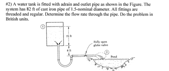 #2) A water tank is fitted with adrain and outlet pipe as shown in the Figure. The
system has 82 ft of cast iron pipe of 1.5-nominal diameter. All fittings are
threaded and regular. Determine the flow rate through the pipe. Do the problem in
British units.
15 ft
Fully open
globe valve
8 ft
Pond
