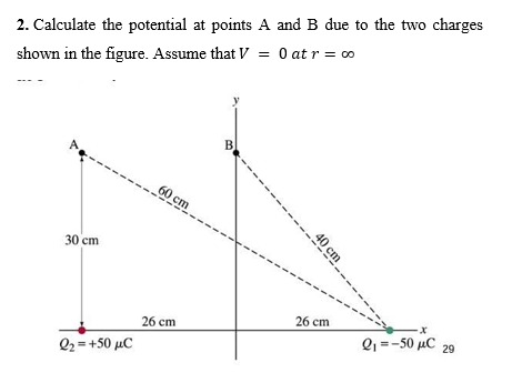 2. Calculate the potential at points A and B due to the two charges
O at r = 0
shown in the figure. Assume that V =
B.
60 cm
30 cm
26 cm
26 cm
Q1 =-50 µC 29
Q2 = +50 µC
40 cm
