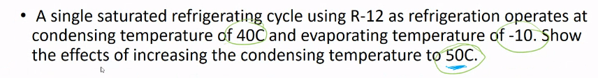 • A single saturated refrigerating cycle using R-12 as refrigeration operates at
condensing temperature of 40C and evaporating temperature of -10. Show
the effects of increasing the condensing temperature to 50C.
