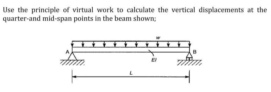 Use the principle of virtual work to calculate the vertical displacements at the
quarter-and mid-span points in the beam shown;
w
B
El
