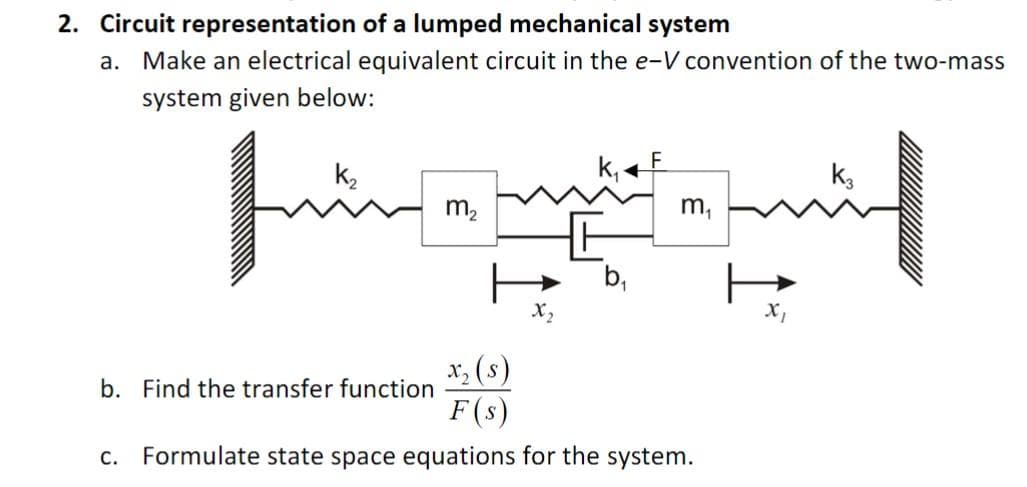 2. Circuit representation of a lumped mechanical system
a. Make an electrical equivalent circuit in the e-V convention of the two-mass
system given below:
K3
für
en mich mich
m₂
b. Find the transfer function
m₁
x₂ (s)
F(s)
c. Formulate state space equations for the system.