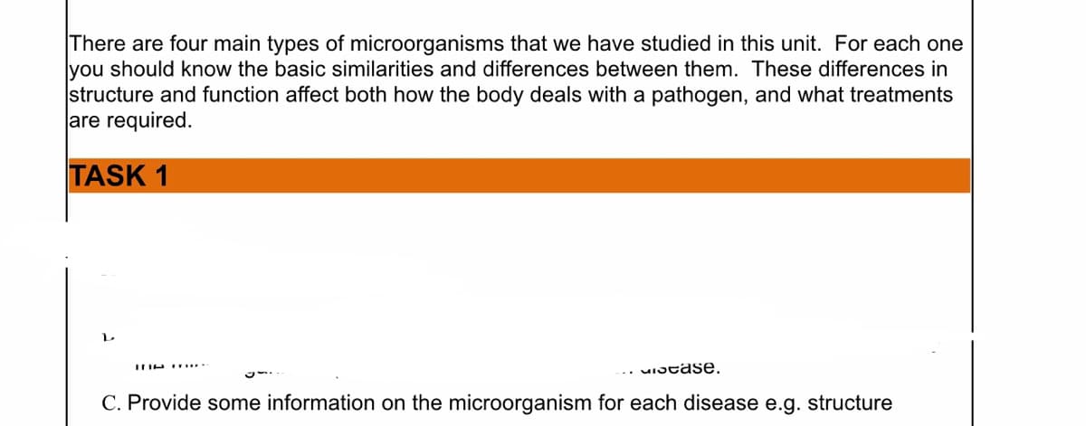 There are four main types of microorganisms that we have studied in this unit. For each one
you should know the basic similarities and differences between them. These differences in
structure and function affect both how the body deals with a pathogen, and what treatments
are required.
TASK 1
L
Mitase.
C. Provide some information on the microorganism for each disease e.g. structure