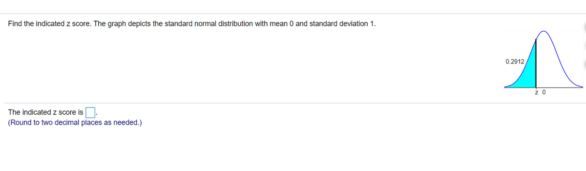 Find the indicated z score. The graph depicts the standard normal distribution with mean 0 and standard deviation 1.
0.2912
z 0
The indicated z score is.
(Round to two decimal places as needed.)
