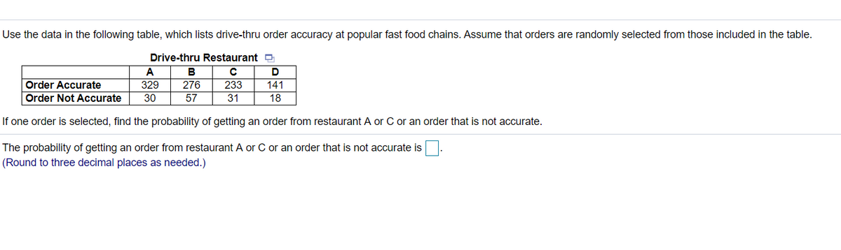 Use the data in the following table, which lists drive-thru order accuracy at popular fast food chains. Assume that orders are randomly selected from those included in the table.
Drive-thru Restaurant O
A
B
D
Order Accurate
329
276
233
141
Order Not Accurate
30
57
31
18
If one order is selected, find the probability of getting an order from restaurant A or C or an order that is not accurate.
The probability of getting an order from restaurant A or C or an order that is not accurate is
(Round to three decimal places as needed.)

