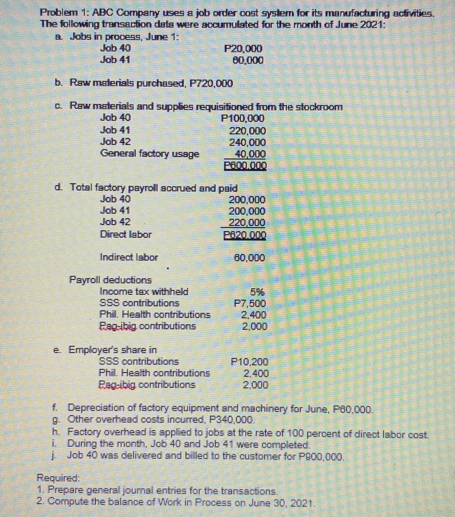 Problem 1: ABC Company uses a job order cost system for its manufacturing acfivities.
The following transaction data were accumulated for the month of June 2021:
a Jobs in process, June 1:
Job 40
Job 41
P20,000
0,000
b. Raw materials purchased, P720,000
C. Raw materials and supplies requisitioned from the stockroom
Job 40
P100,000
220,000
240,000
40,000
P600.000
Job 41
Job 42
General factory usage
d. Total factory payroll accrued and paid
200,000
200,000
220,000
P620.000
Job 40
Job 41
Job 42
Direct labor
Indirect labor
80,000
Payroll deductions
Income tax withheld
SSS contributions
Phil. Health contributions
Pag-ibig contributions
5%
P7,500
2,400
2,000
e. Employer's share in
SSS contributions
Phil. Health contributions
P10,200
2,400
2,000
Pag-ibig contributions
f. Depreciation of factory equipment and machinery for June, P60,000.
9 Other overhead costs incurred, P340,000.
h. Factory overhead is applied to jobs at the rate of 100 percent of direct labor cost.
i During the month, Job 40 and Job 41 were completed.
i Job 40 was delivered and billed to the customer for P800,000.
Required:
1. Prepere general journal entries for the transactions.
2. Compute the balance of Work in Process on June 30, 2021.
