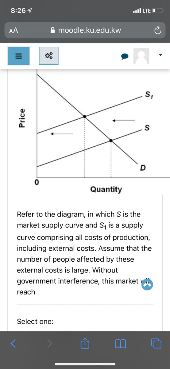 8:26 1
ull LTE O
AA
A moodle.ku.edu.kw
Quantity
Refer to the diagram, in which S is the
market supply curve and S, is a supply
curve comprising all costs of production,
including external costs. Assume that the
number of people affected by these
external costs is large. Without
government interference, this market v
reach
Select one:
Price
III
