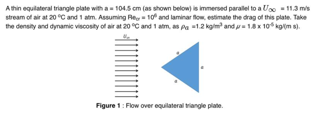 A thin equilateral triangle plate with a = 104.5 cm (as shown below) is immersed parallel to a Uoo = 11.3 m/s
stream of air at 20 °C and 1 atm. Assuming Recr = 106 and laminar flow, estimate the drag of this plate. Take
the density and dynamic viscosity of air at 20 °C and 1 atm, as Pa =1.2 kg/m3 and u = 1.8 x 10-5 kg/(m s).
a
Figure 1: Flow over equilateral triangle plate.
