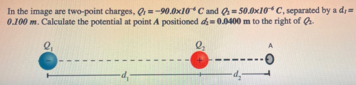 In the image are two-point charges, Qi =-90.0x10 C and Q2 = 50.0x10 C, separated by a d1=
0.100 m. Calculate the potential at point A positioned dz=0.0400 m to the right of Q2.
