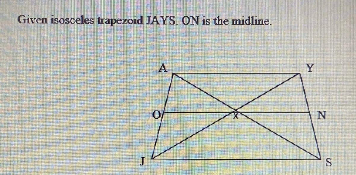 Given isosceles trapezoid JAYS. ON is the midline.
A
Y
N.
J
