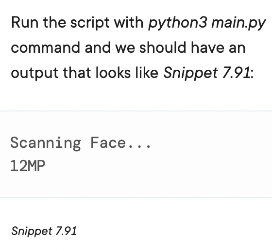 Run the script with python3 main.py
command and we should have an
output that looks like Snippet 7.91:
Scanning Face...
12MP
Snippet 7.91
