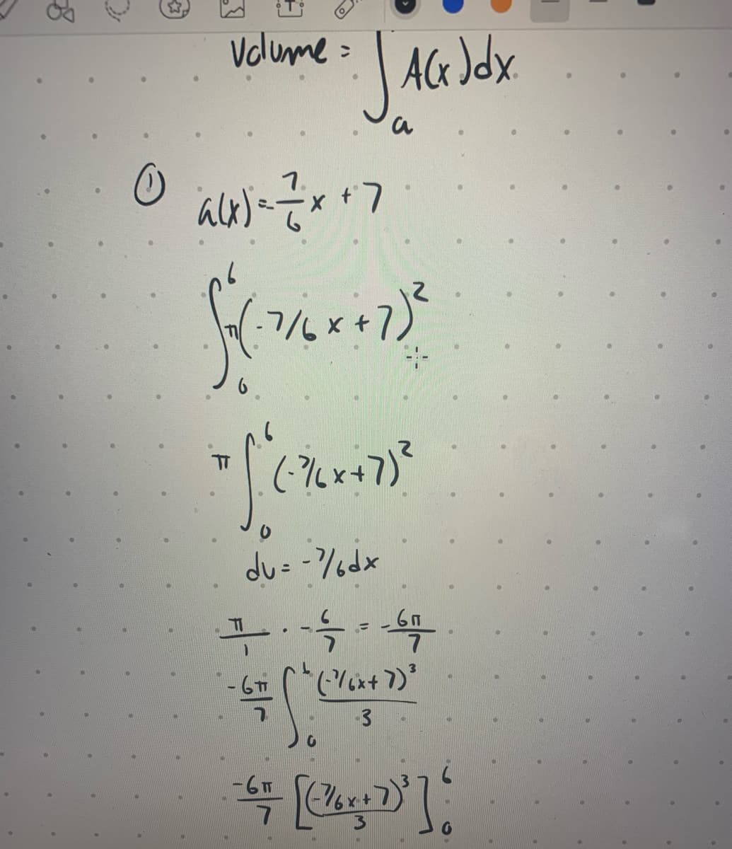 8
(
Volume=
① au)=-x+ 7
716x47)2
4-
dv=-16dx
ㅍ윽
E
A(x Jdx.
of ((x+²
0
약
a
-6ㅠ
_6T
(-16x+7) ²
-3
[²]
.