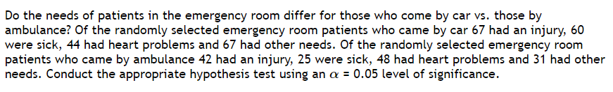 Do the needs of patients in the emergency room differ for those who come by car vs. those by
ambulance? Of the randomly selected emergency room patients who came by car 67 had an injury, 60
were sick, 44 had heart problems and 67 had other needs. Of the randomly selected emergency room
patients who came by ambulance 42 had an injury, 25 were sick, 48 had heart problems and 31 had other
needs. Conduct the appropriate hypothesis test using an a = 0.05 level of significance.
