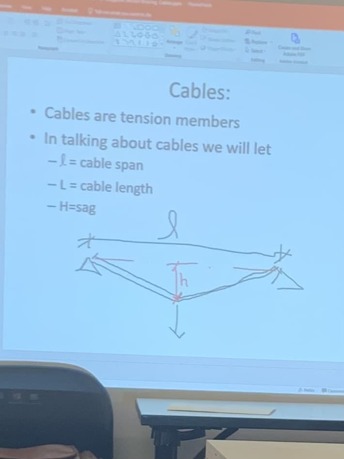 ALLOGGE
Cables:
Cables are tension members
In talking about cables we will let
- l = cable span
- L = cable length
- H=sag
l
4