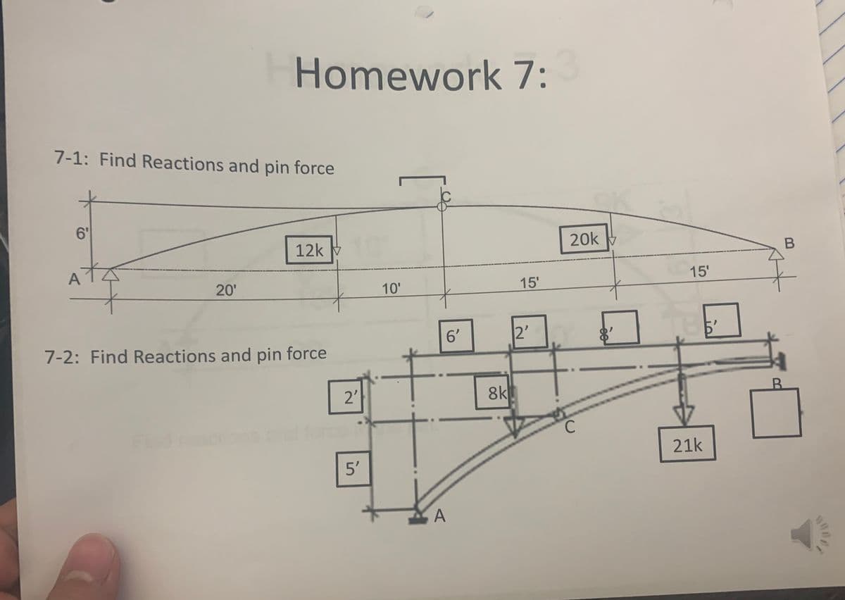 7-1: Find Reactions and pin force
6'
A
to
Homework 7:
20'
12k
7-2: Find Reactions and pin force
2²
5'
10'
6'
A
8k
15'
2'
20k
C
15'
21k
in
B