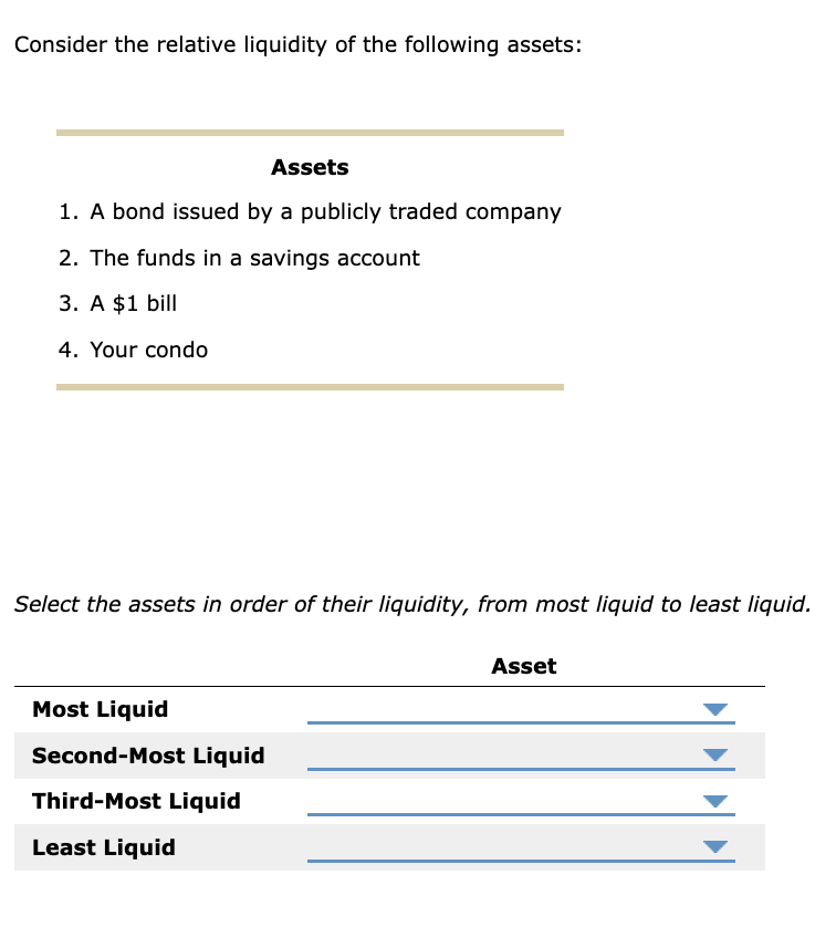 Consider the relative liquidity of the following assets:
Assets
1. A bond issued by a publicly traded company
2. The funds in a savings account
3. A $1 bill
4. Your condo
Select the assets in order of their liquidity, from most liquid to least liquid.
Most Liquid
Second-Most Liquid
Third-Most Liquid
Least Liquid
Asset