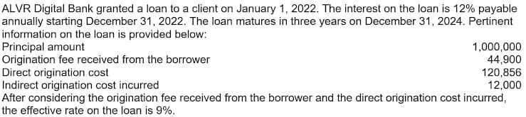ALVR Digital Bank granted a loan to a client on January 1, 2022. The interest on the loan is 12% payable
annually starting December 31, 2022. The loan matures in three years on December 31, 2024. Pertinent
information on the loan is provided below:
Principal amount
Origination fee received from the borrower
Direct origination cost
Indirect origination cost incurred
After considering the origination fee received from the borrower and the direct origination cost incurred,
the effective rate on the loan is 9%.
1,000,000
44,900
120,856
12,000
