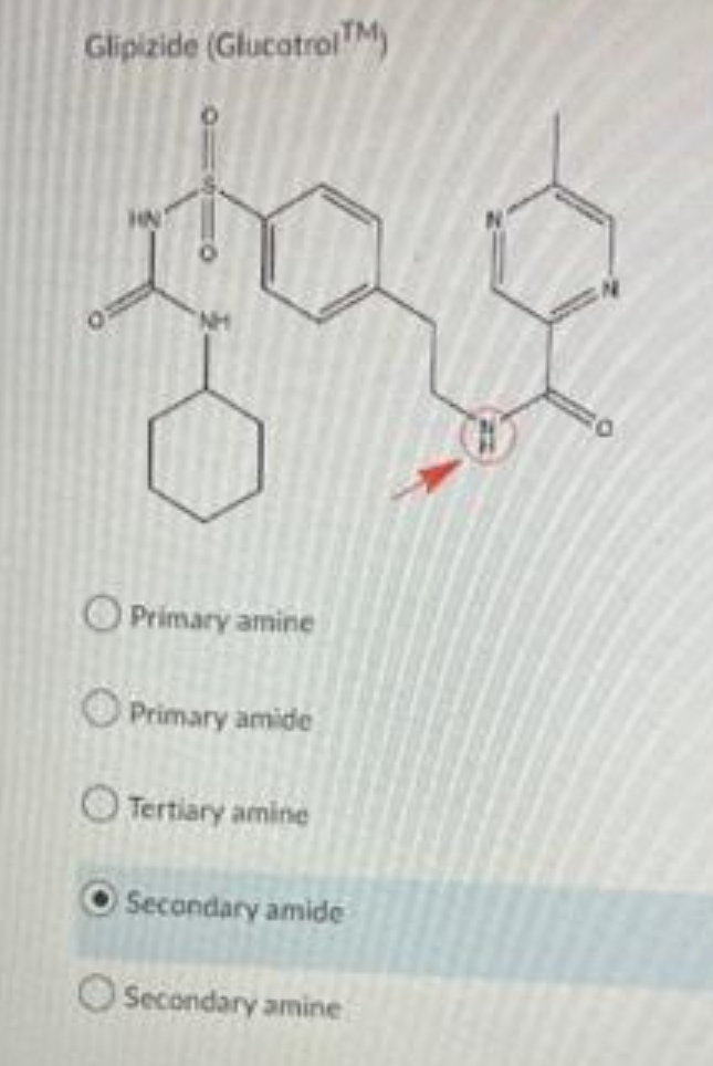 Glipizide (Glucotrol™M)
Primary amine
Primary amide
Tertiary amine
Secondary amide
Secondary amine