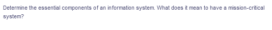 Determine the essential components of an information system. What does it mean to have a mission-critical
system?
