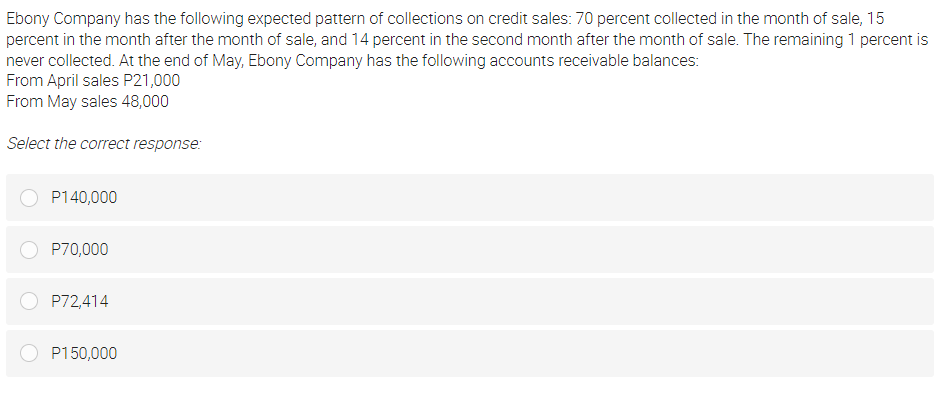 Ebony Company has the following expected pattern of collections on credit sales: 70 percent collected in the month of sale, 15
percent in the month after the month of sale, and 14 percent in the second month after the month of sale. The remaining 1 percent is
never collected. At the end of May, Ebony Company has the following accounts receivable balances:
From April sales P21,000
From May sales 48,000
Select the correct response:
P140,000
P70,000
P72,414
P150,000