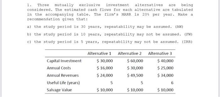 1.
Three mutually exclusive investment alternatives are being
considered. The estimated cash flows for each alternative are tabulated
in the accompanying table. The firm's MARR is 20% per year. Make a
recommendation given that:
a) the study period is 30 years, repeatability may be assumed. (AW)
b) the study period is 10 years, repeatability may not be assumed. (Fw)
c) the study period is 5 years, repeatability may not be assumed. (IRR)
Alternative 1 Alternative 2 Alternative 3
$ 30,000
$ 16,000
$ 24,000
$ 60,000
$ 30,000
$ 49,500
$ 40,000
$ 25,000
$ 34,000
Capital Investment
Annual Costs
Annual Revenues
Useful Life (years)
5
6
Salvage Value
$ 10,000
$ 10,000
$ 10,000
