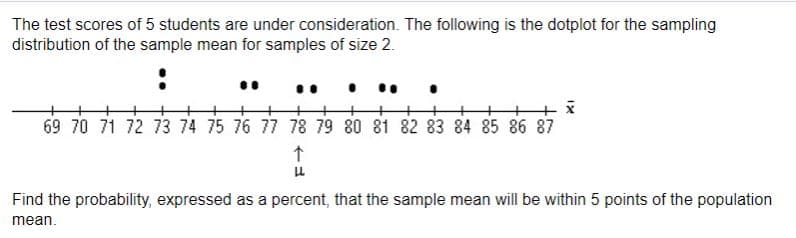 The test scores of 5 students are under consideration. The following is the dotplot for the sampling
distribution of the sample mean for samples of size 2.
+++
69 70 71 72 73 74 75 76 77 78 79 80 81 82 83 84 85 86 87
Find the probability, expressed as a percent, that the sample mean will be within 5 points of the population
mean.

