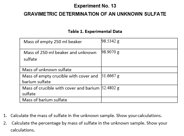 Experiment No. 13
GRAVIMETRIC DETERMINATION OF AN UNKNOWN SULFATE
Table 1. Experimental Data
Mass of empty 250 ml beaker
98.5342 g
Mass of 250-ml beaker and unknown 98.9070 g
sulfate
Mass of unknown sulfate
Mass of empty crucible with cover and 51.6667 g
barium sulfate
Mass of crucible with cover and barium 52.4802 g
sulfate
Mass of barium sulfate
1. Calculate the mass of sulfate in the unknown sample. Show your calculations.
2. Calculate the percentage by mass of sulfate in the unknown sample. Show your
calculations.
