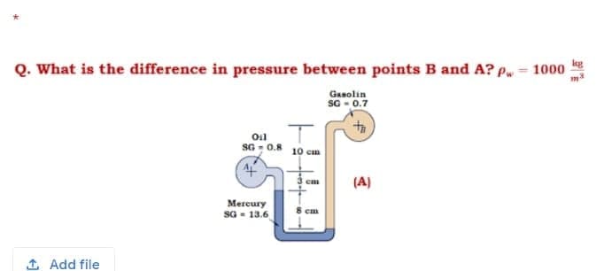 Q. What is the difference in pressure between points B and A? pw = 1000
Gasolin
SG - 0.7
to
Oil
SG - 0.8
10 cm
(A)
Mercury
SG - 13.6
1 Add file
