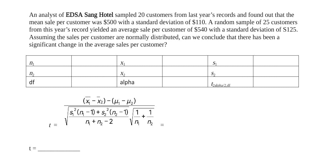 An analyst of EDSA Sang Hotel sampled 20 customers from last year's records and found out that the
mean sale per customer was $500 with a standard deviation of $110. A random sample of 25 customers
from this year's record yielded an average sale per customer of $540 with a standard deviation of S125.
Assuming the sales per customer are normally distributed, can we conclude that there has been a
significant change in the average sales per customer?
n₁
1₂
df
t =
t =
X1
X₂
alpha
(₁-x₂)-(μ₁ −μ₂)
s₁² (m − 1) + s₂² (m₂ − 1) 1 1
1+1₂2=2
Vm
1₂
S₁
S₂
t2alpha/2.df