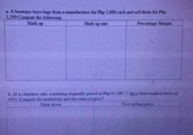 a A boutique buys bags from a manufacturer for Php 2,000 each and sell them for Php
3,299.Compute the following
Mark up
Percentage Margin
Mark up rate
b. At a clearance sale, a painting originally priced at Php 65,499.75 have been marked down at
40%. Compute the markdown and the reduced price?
New selling price
Mark down
