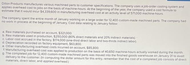 Dillon Products manufactures various machined parts to customer specifications. The company uses a job-order costing system and
applies overhead cost to jobs on the basis of machine-hours. At the beginning of the year, the company used a cost formula to
estimate that it would incur $4,339,600 in manufacturing overhead cost at an activity level of 571,000 machine-hours.
The company spent the entire month of January working on a large order for 12,400 custom-made machined parts. The company had
no work in process at the beginning of January, Cost data relating to January follow.
a. Raw materials purchased on account, $321,000.
b. Raw materials used in production, $250,000 (80% direct materials and 20% indirect materials).
c. Labor cost accrued in the factory, $174,000 (one-third direct labor and two-thirds indirect labor).
d. Depreciation recorded on factory equipment, $63,800.
e. Other manufacturing overhead costs incurred on account, $85,800.
f. Manufacturing overhead cost was applied to production on the basis of 40,650 machine-hours actually worked during the month.
g. The completed job for 12,400 custom-made machined parts was moved into the finished goods warehouse on January 31 to await
delivery to the customer. (In computing the dollar amount for this entry, remember that the cost of a completed job consists of direct
materials, direct labor, and applied overhead.)
