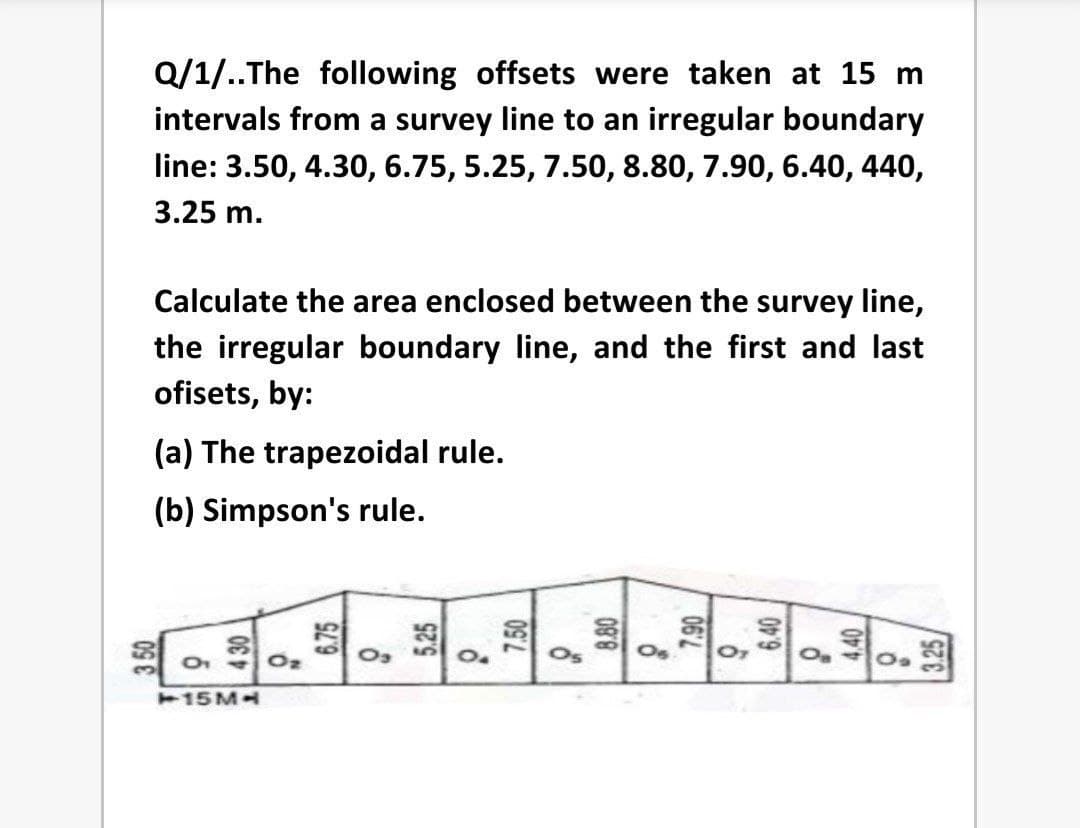 Q/1/..The following offsets were taken at 15 m
intervals from a survey line to an irregular boundary
line: 3.50, 4.30, 6.75, 5.25, 7.50, 8.80, 7.90, 6.40, 440,
3.25 m.
Calculate the area enclosed between the survey line,
the irregular boundary line, and the first and last
ofisets, by:
(a) The trapezoidal rule.
(b) Simpson's rule.
15M
3 50
6.75
5.25
7.50
06
4.40
3.25
