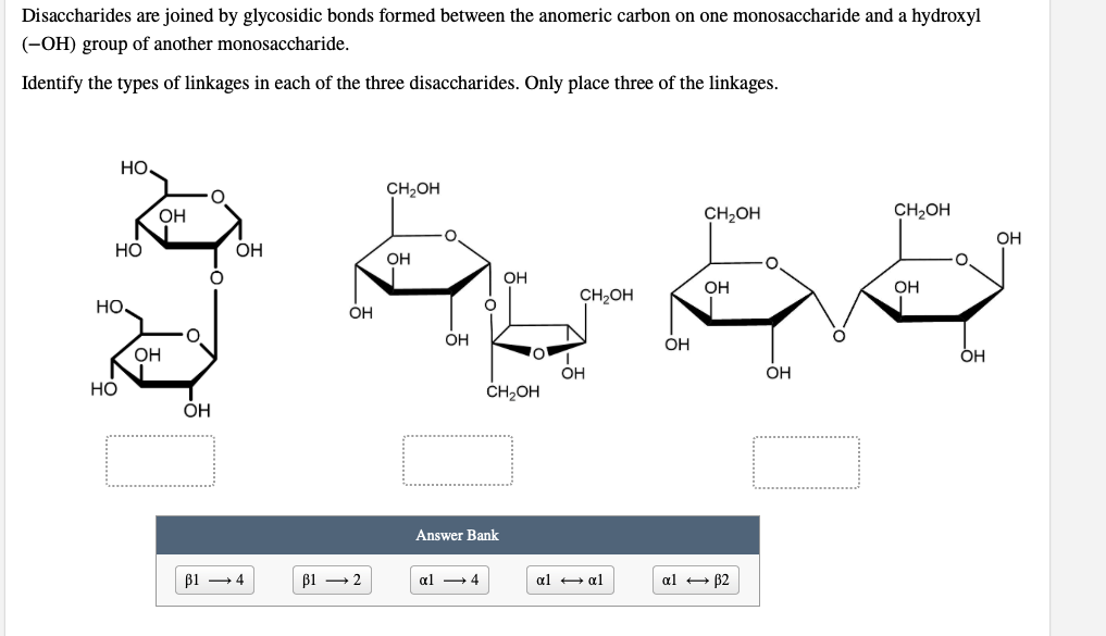 Disaccharides are joined by glycosidic bonds formed between the anomeric carbon on one monosaccharide and a hydroxyl
(-OH) group of another monosaccharide.
Identify the types of linkages in each of the three disaccharides. Only place three of the linkages.
но.
CH₂OH
CH₂OH
CH₂OH
OH
OH
OH
OH
OH
CH₂OH
HO
НО.
НО
OH
OH
0
OH
B1 - 4
B1
OH
·2
OH
О
CH₂OH
Answer Bank
al - 4
OH
al + al
OH
al + B2
OH
OH
OH
