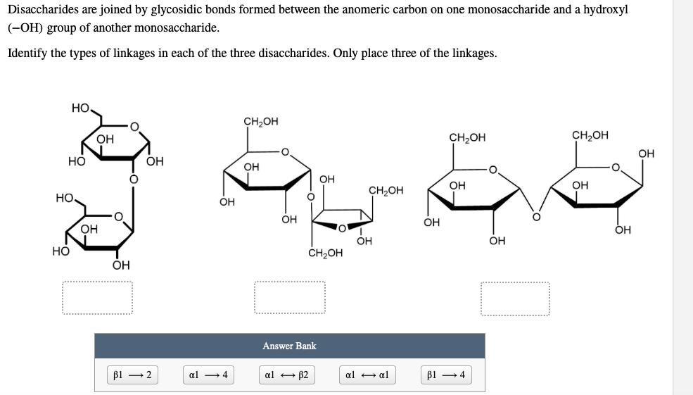 Disaccharides are joined by glycosidic bonds formed between the anomeric carbon on one monosaccharide and a hydroxyl
(-OH) group of another monosaccharide.
Identify the types of linkages in each of the three disaccharides. Only place three of the linkages.
НО.
CH₂OH
CH₂OH
CH₂OH
HO
OH
OH
OH
OH
OH
CH₂OH
HO.
НО
OH
OH
0
OH
B12
al
OH
4
OH
0
О
CH₂OH
Answer Bank
al + B2
OH
al + al
OH
B14
OH
о
OH
OH