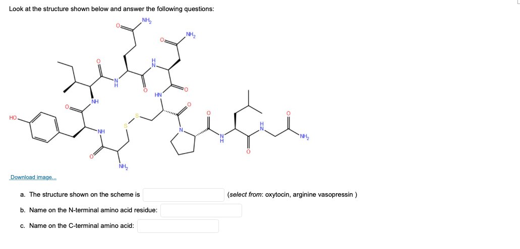 Look at the structure shown below and answer the following questions:
NH,
NH,
NH
HO
NH
NH,
Download image..
a. The structure shown on the scheme is
(select from: oxytocin, arginine vasopressin )
b. Name on the N-terminal amino acid residue:
c. Name on the C-terminal amino acid:
