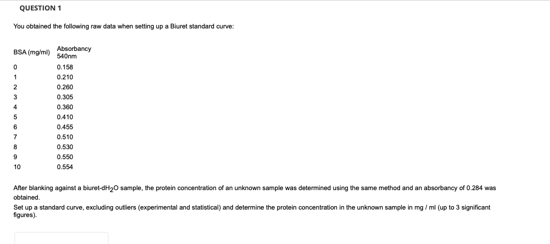 QUESTION 1
You obtained the following raw data when setting up a Biuret standard curve:
BSA (mg/ml)
Absorbancy
540nm
0.158
1
0.210
2.
0.260
3
0.305
4
0.360
0.410
0.455
7
0.510
8
0.530
0.550
10
0.554
After blanking against a biuret-dH20 sample, the protein concentration of an unknown sample was determined using the same method and an absorbancy of 0.284 was
obtained
Set up a standard curve, excluding outliers (experimental and statistical) and determine the protein concentration in the unknown sample in mg / ml (up to 3 significant
figures).
