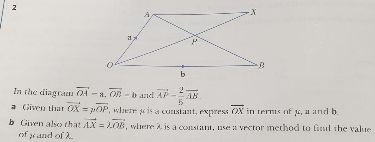 X-
A
a,
B
b
In the diagram OA = a, OB = b and AP
=- AB.
a Given that OX = µOP, where u is a constant, express OX in terms of u, a and b.
%3D
b Given also that AX =1OB,where 1 is a constant, use a vector method to find the value
of u and of .
