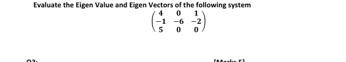 Evaluate the Eigen Value and Eigen Vectors of the following system
4
1
-1 -6 -2
5 0
03.
EMarks E1
