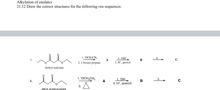 Alkylation of enolates
21.12 Draw the correct structures for the following rxn sequences.
b.
diethyl malonate
ethyl acetoacetate
1. "OCH₂CH₂
2.1-bromo-propane
1. "OCH₂CH₂
Å
2.
A
A
1. "OH
2. H, quench
1. 'OH
2. H, quench
B
B
þ