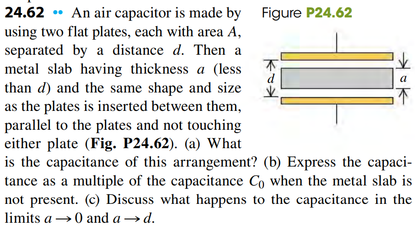 24.62
An air capacitor is made by Figure P24.62
using two flat plates, each with area A,
separated by a distance d. Then a
metal slab having thickness a (less
than d) and the same shape and size
as the plates is inserted between them,
parallel to the plates and not touching
either plate (Fig. P24.62). (a) What
is the capacitance of this arrangement? (b) Express the capaci-
tance as a multiple of the capacitance Co when the metal slab is
not present. (c) Discuss what happens to the capacitance in the
limits a → 0 and a → d.
a
